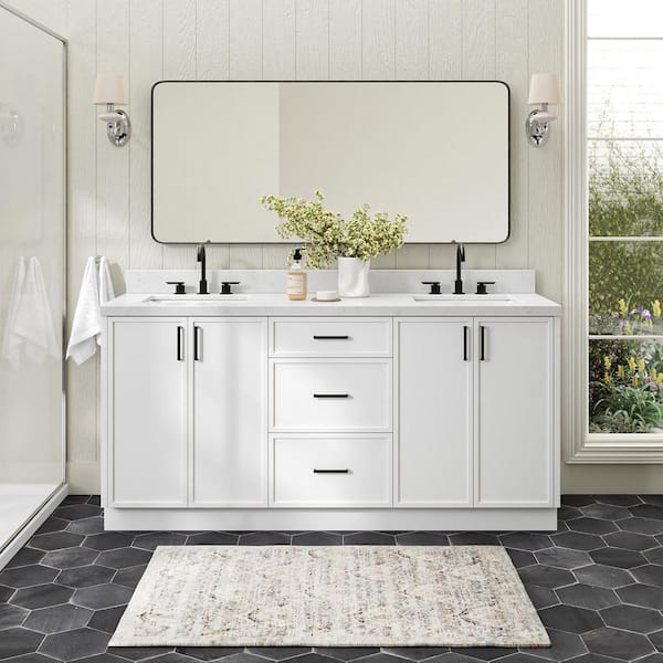 ARIEL Kelly 72 in. Double Sink Freestanding Bathroom Vanity in White with Carrara White Quartz Top