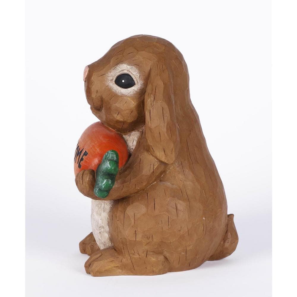 Brown Polyresin Rabbit Holding Carrot Welcome Sign Statue