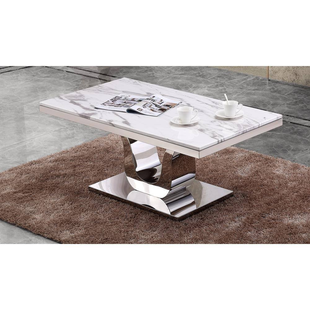 White Marble Top and Stainless Steel Base Rectangular Coffee Table