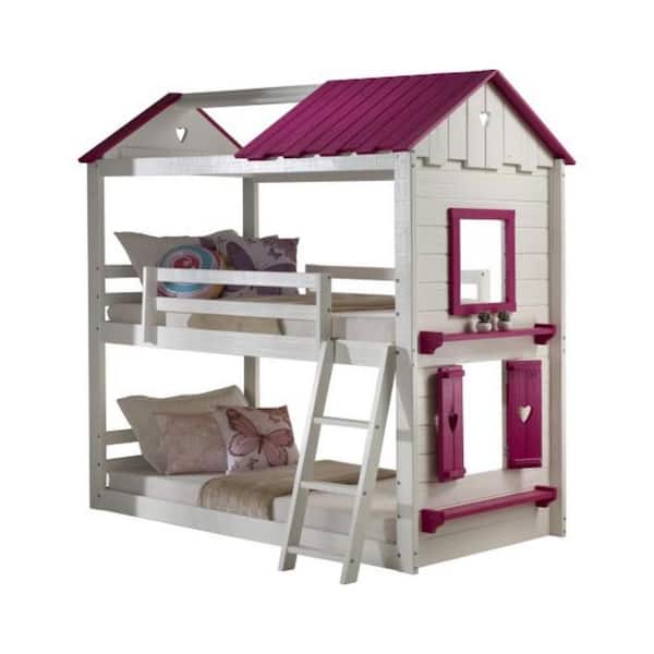 Donco Kids White and Pink Over Twin Sweet Heart Bunk Bed