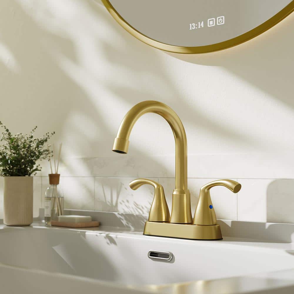 Brushed Gold Double Handle High Arc Bathroom Faucet with Drain Kit