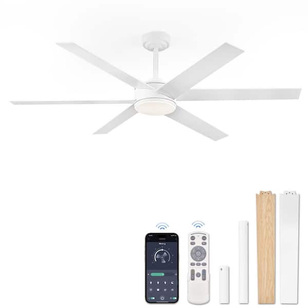 60 in. Outdoor/Indoor White and Modern Wood 6 Blades Large Ceiling Fan with Lights and Remote