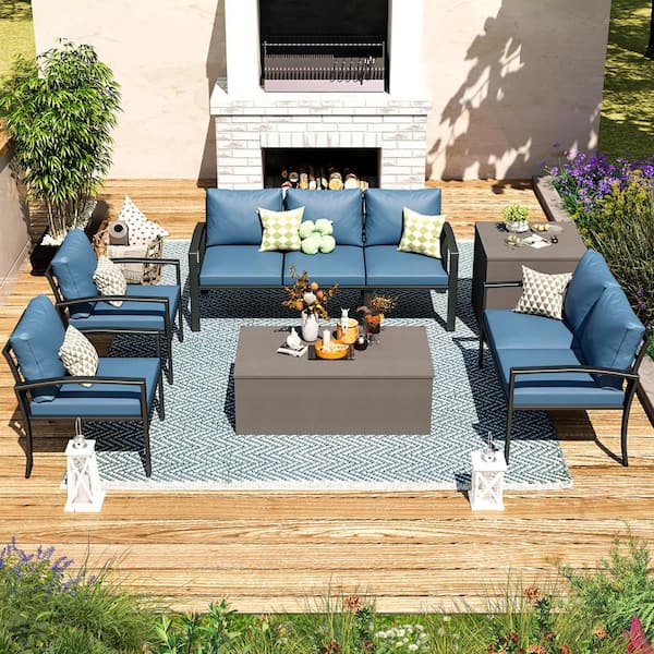 6-Piece Metal Patio Conversation Set with Blue Cushions, Storage Box