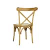 Front view of a natural wood X-back dining chair with a rattan seat.