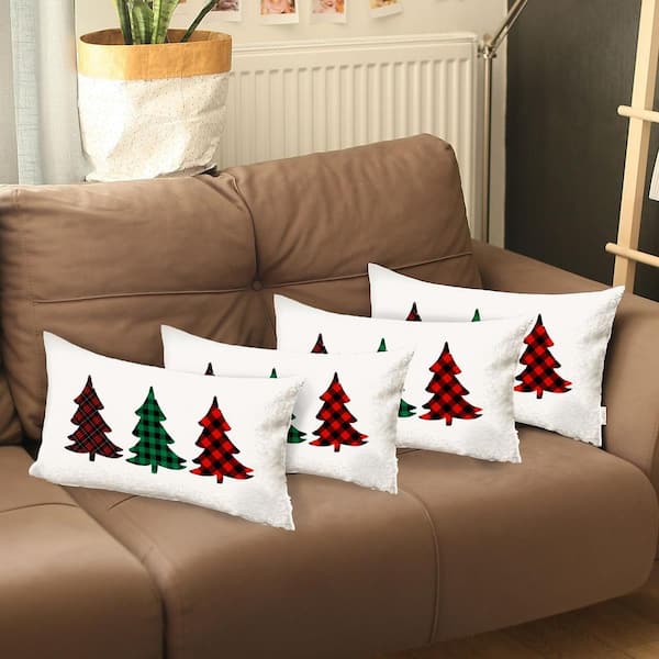 HomeRoots Charlie Set of 4 Christmas Tree Trio Plaid Lumbar Throw Pillows 1 in. x 20 in., Multi-Colored