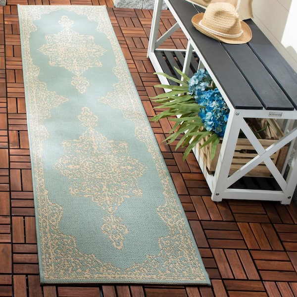Beach House Cream/Aqua 2 ft. x 6 ft. Solid Medallion Floral Indoor/Outdoor Patio  Runner Rug