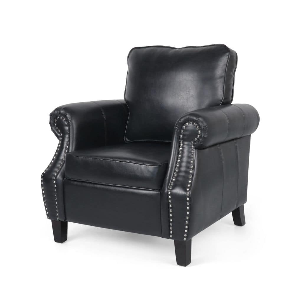 Midnight Black Faux Leather Club Chair with Dark Brown Birch Wood Legs