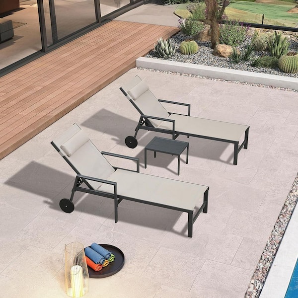 Black Frame Lounge of 2-Pieces Aluminum Outdoor Chaise Lounge with Cushion and Armrests, Beige