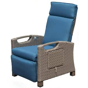 Wicker Outdoor Recliner Chair with Flip Table Push Back, Adjustable Angle, 6.8 in Blue Cushions for Patio Backyard Porch