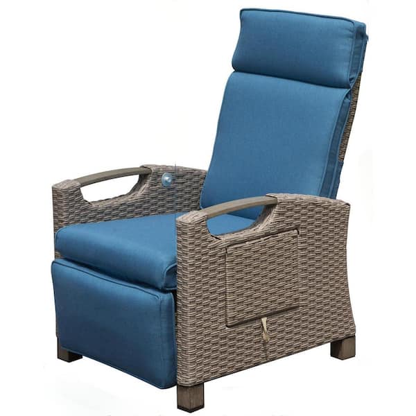 Unbranded Wicker Outdoor Recliner Chair with Flip Table Push Back, Adjustable Angle, 6.8 in Blue Cushions for Patio Backyard Porch