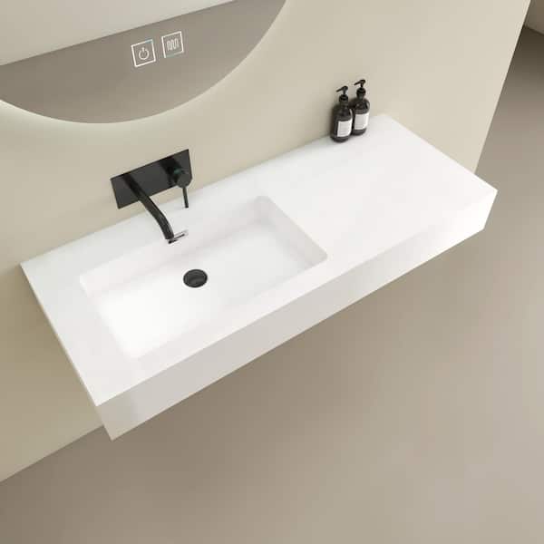 47 x 19 in. Solid Surface Wall Mount Left Bathroom Vessel Sink with Single Faucet Holes in Matte White