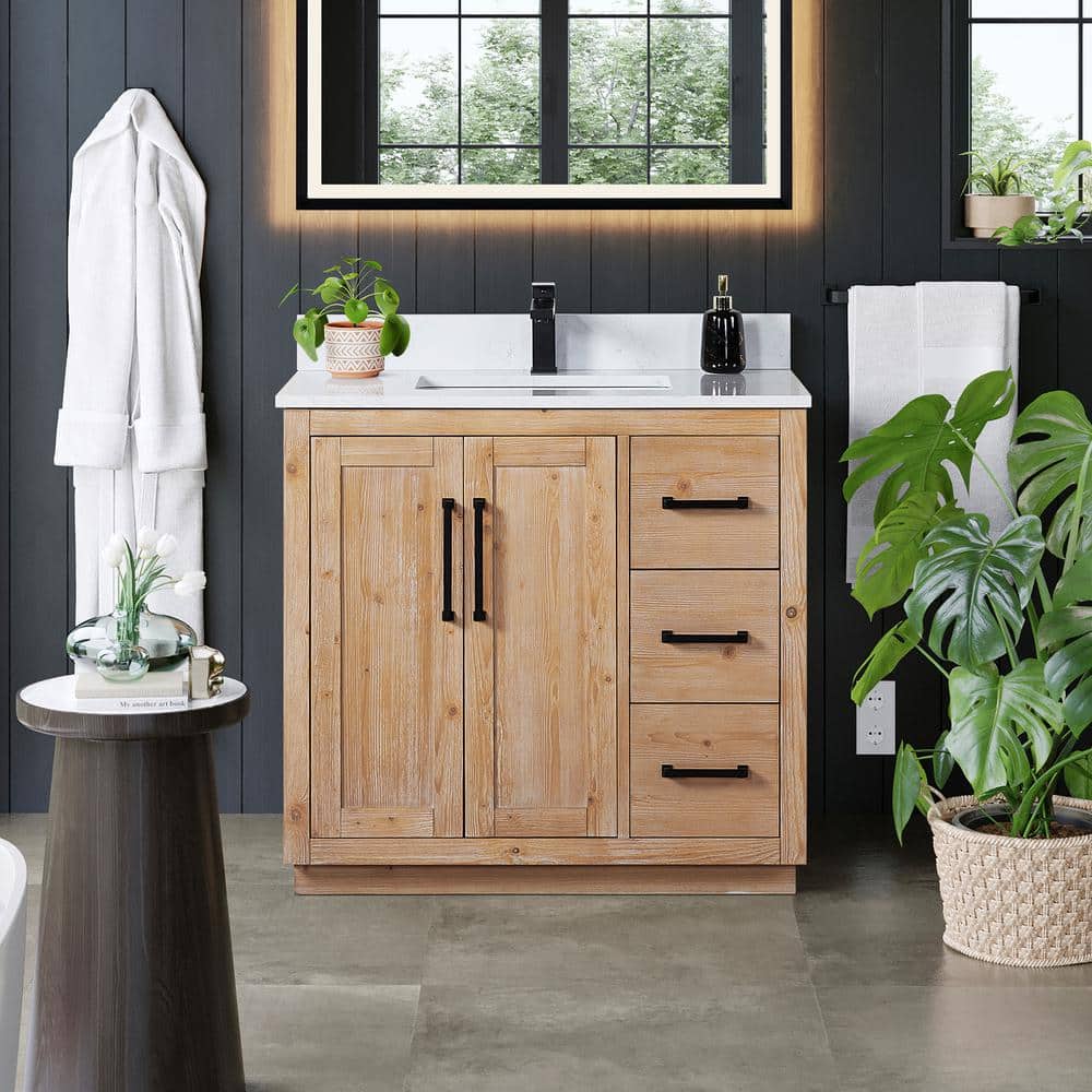Cicero 36" Light Brown Fir Wood Vanity with White Stone Top
