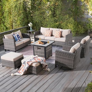 Mirage Gray 8-Piece Wicker Outdoor Patio Fire Pit Seating Sofa Se with Beige Cushions and Swivel Rocking Chairs