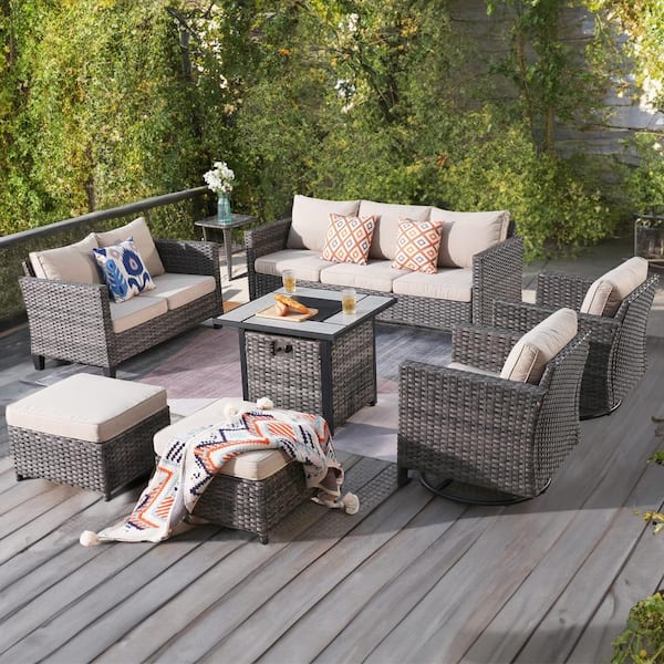 XIZZI Mirage Gray 8-Piece Wicker Outdoor Patio Fire Pit Seating Sofa Se with Beige Cushions and Swivel Rocking Chairs