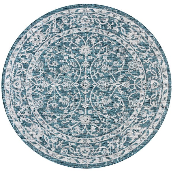 Teal/Gray 5 ft. Round Palazzo Vine and Border Textured Weave Indoor/Outdoor Area Rug