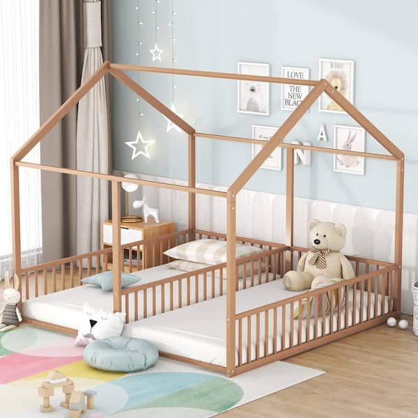 Harper & Bright Designs Gold Metal Twin Size House Platform Beds, 2-Side-by-Side Floor Beds