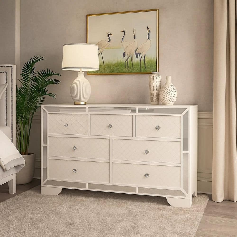 ivory dresser Primrose Mid-Century Drawer Chest with Louvered Panel Doors will quickly become a warm addition to your bedroom with plenty of storage within Benjara Athon Ivory 7-Drawer 64