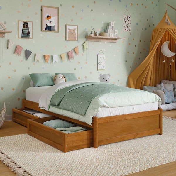 AFI Barcelona Light Toffee Natural Bronze Solid Wood Frame Twin Panel Platform Bed with Storage Drawers