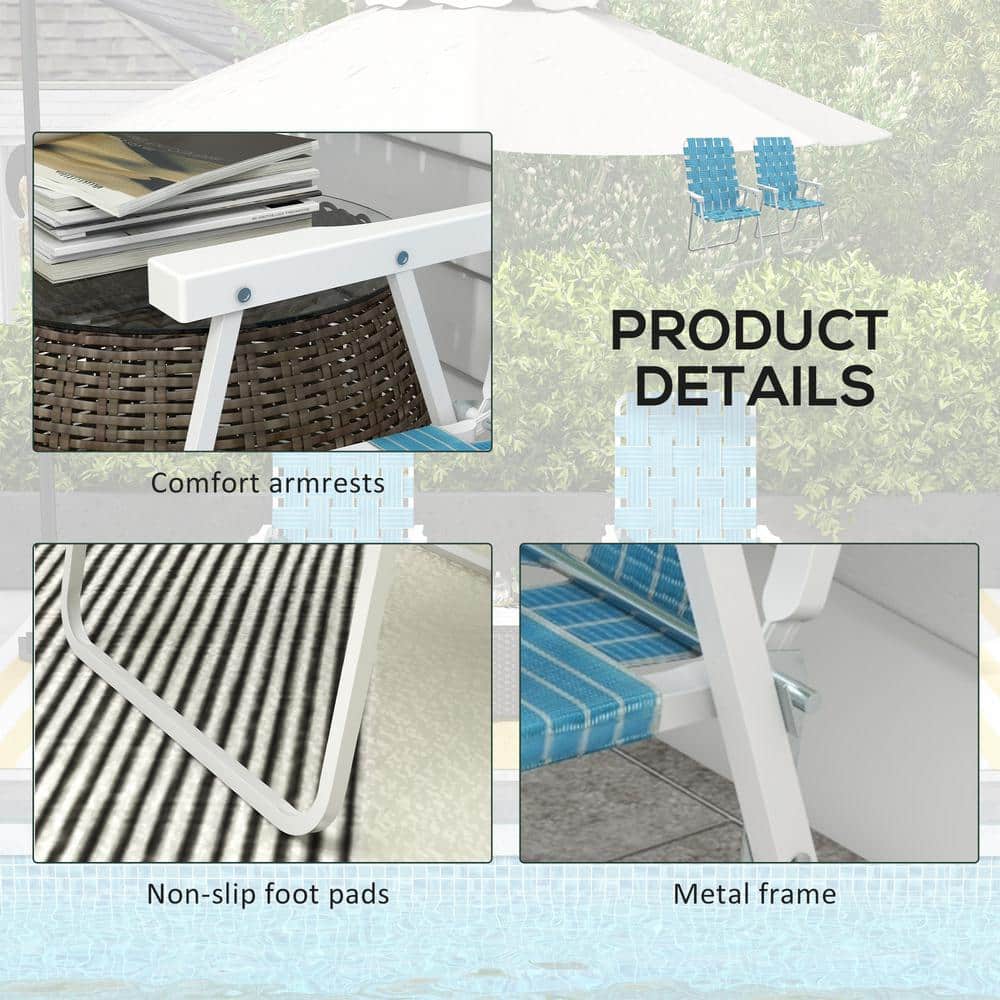 Blue Woven Strap Steel Folding Patio Chairs with Armrests, Set of 2