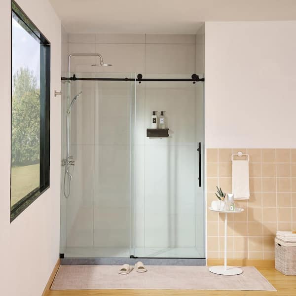 Vanity Art 60 in. W x 76 in. H Frameless Sliding Shower Door in Matte Black with Explosion-Proof Clear Glass