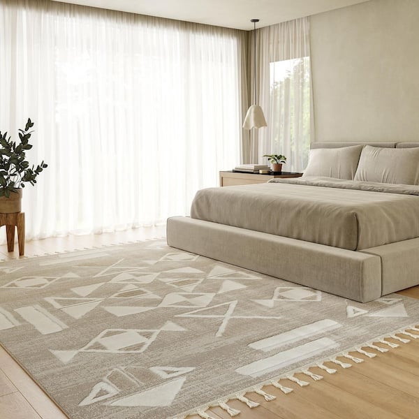 Eden Southwestern Tasseled Light Beige 4 ft. x 6 ft. Indoor/Outdoor Patio Area Rug