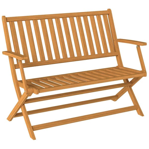 40.6 in. 2-Person Wood Outdoor Bench, Foldable Patio Acacia Wood Garden Bench with Backrest and Armrests, Teak