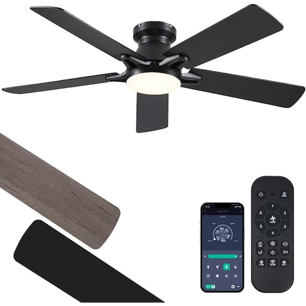 Kviflon 52 in. Indoor/Outdoor Flush Mount Black Ceiling Fan with Dimmable 3 Color LED Light and Remote/APP Control