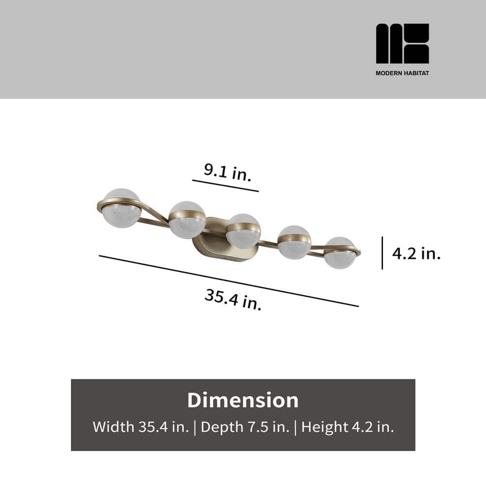 Brushed Gold 5-Light Dimmable LED Vanity Light with Globe Shades
