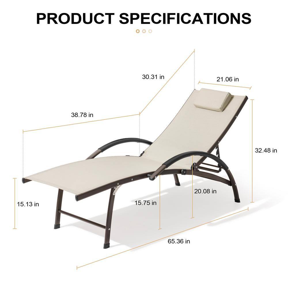 Tan and Brown Metal Adjustable Chaise Lounger Set with Cushions