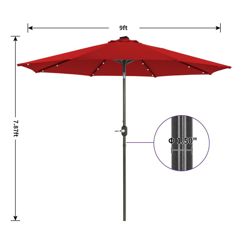 9 ft Red Solar LED Tilt Patio Umbrella with Steel Pole