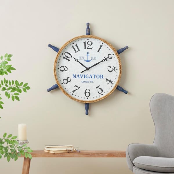 Litton Lane White Wood Ship Wheel Wall Clock with Brown Rope Frame