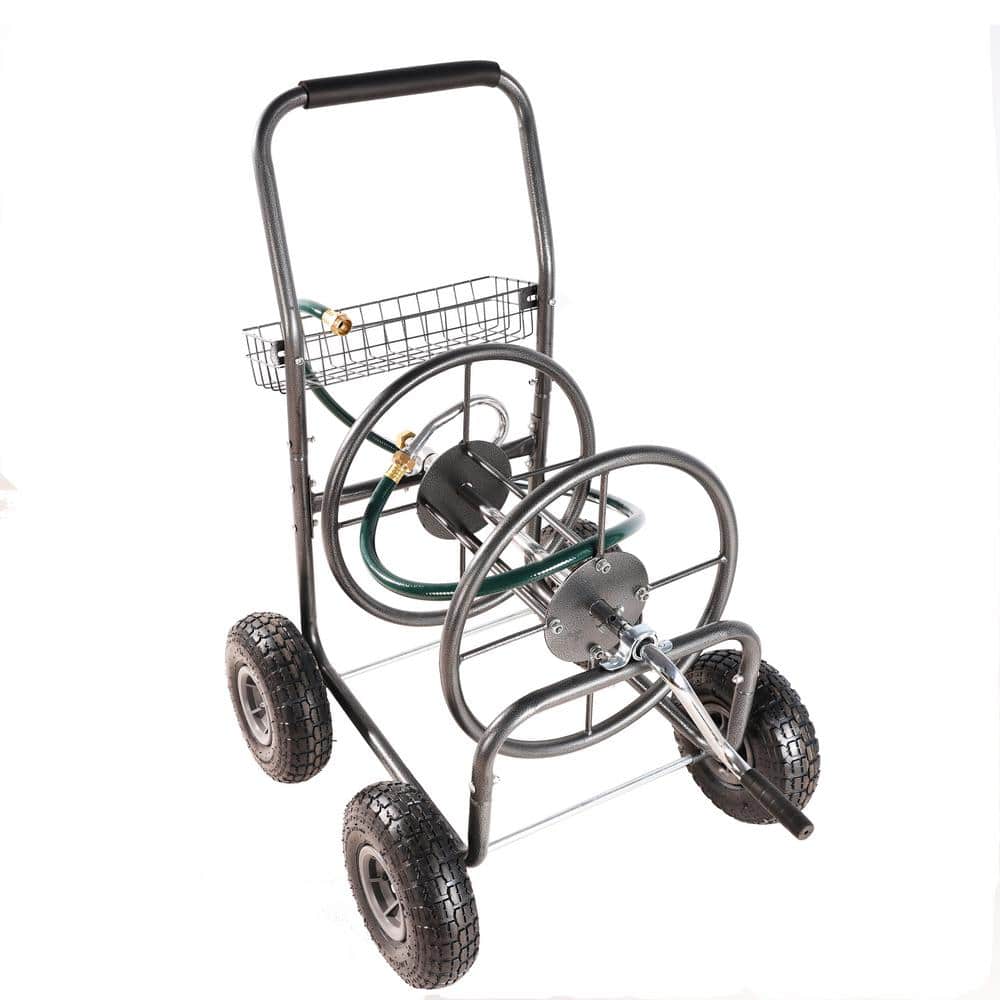 Green Heavy-Duty 4-Wheel Garden Hose Reel Cart with Storage Basket