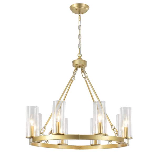 8-Light Gold Candlestick Foyer Pendant Hanging Wagon Wheel Chandelier Lighting with Glass Shade for Kitchen Island