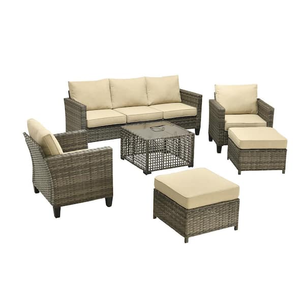 Daphne 6-Piece Modern Wicker Outdoor Patio Conversation Sofa Seating Set with Beige Cushions
