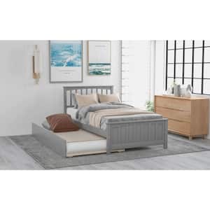 Gray Wood Platform Bed Twin Size Platform Bed Frame with Trundle Bed, No Box Spring Needed