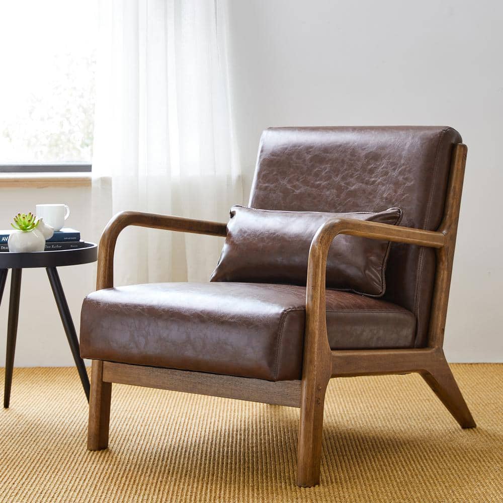 Mid-Century Modern Coffee Brown Faux Leather Accent Chair with Walnut Wood Frame