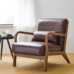 Brown Mid-century Modern Coffee Leatherette Accent Armchair with Walnut ruberwood frame (Set of 2)