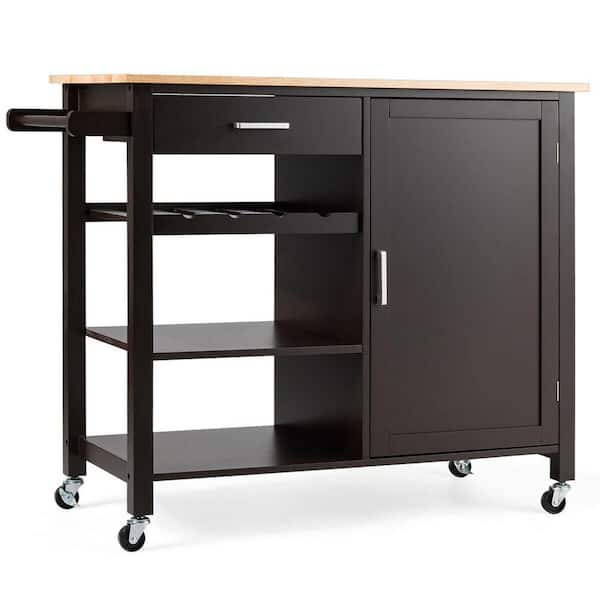 FORCLOVER Brown Wooden Kitchen Island Trolley Serving Cart with Towel Holder, Drawer, and Door