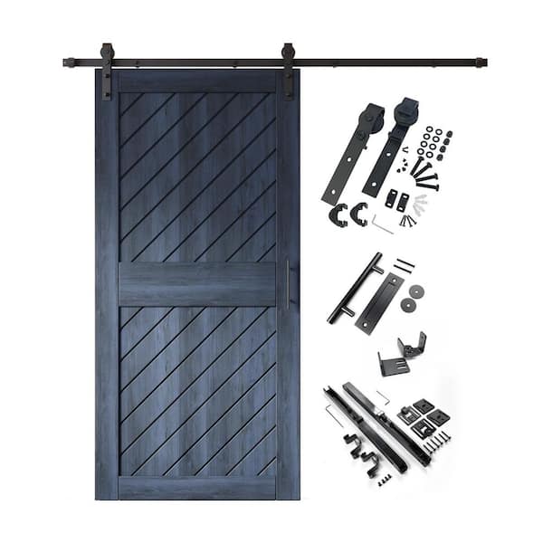 HOMACER XT1 32 in. x 84 in. C-Panel Navy Slanted Stripe Design Solid Pine Wood Sliding Barn Door with Hardware Kit