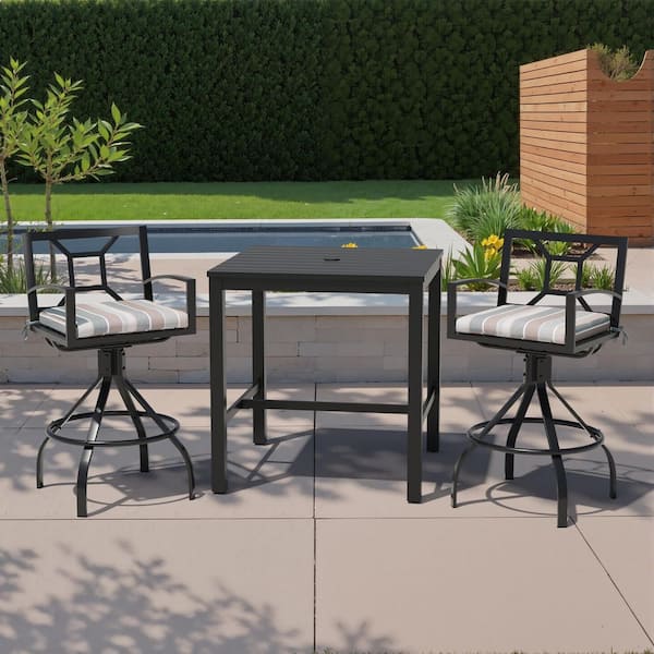 Crestlive Products 3-Piece Square Aluminum Outdoor Dining Set with 35.4 in. Table and Bar Stool with Milano Char Sunbrella Cushion