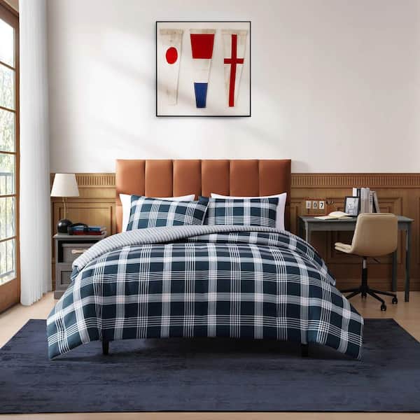 Huntingdon Plaid 3-Piece Navy Blue Microfiber Full/Queen Comforter Set
