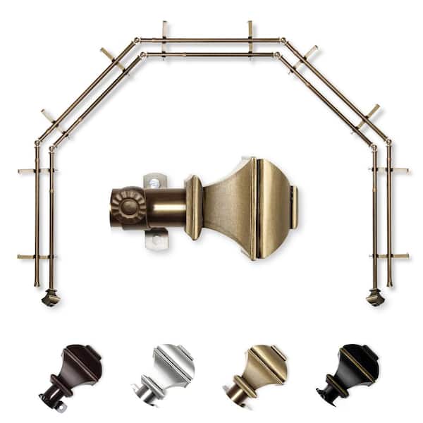 EMOH 13/16" Dia Adjustable 5-Sided Double Bay Window Curtain Rod 28 to 48" (each side) with Julianne Finials in Antique Brass