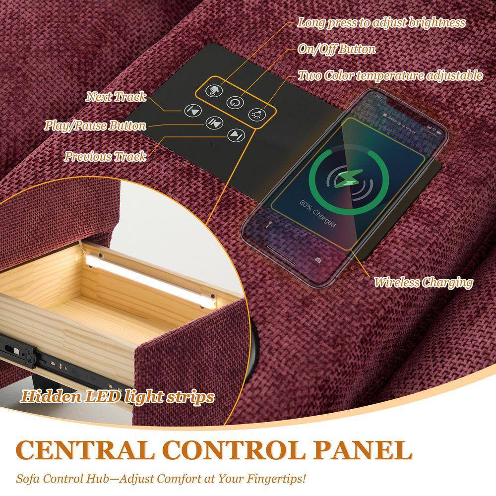 Close-up of the sofa's central control panel with wireless charging and LED lighting.