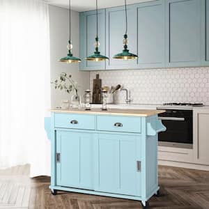 Mint Green Rubber Wood Top 52.2 in. W Kitchen Island on 4-Wheels with Sliding Barn Door and 2-Drawers