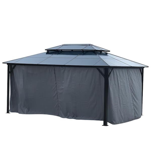12 ft. x 16 ft. Outdoor Hardtop Gazebo with Polycarbonate Double Roof, Netting & Curtains, for Backyard Gatherings