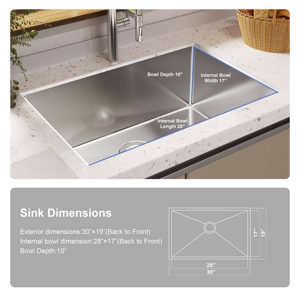 30" Brushed Stainless Steel Drop-In Single Bowl Kitchen Sink