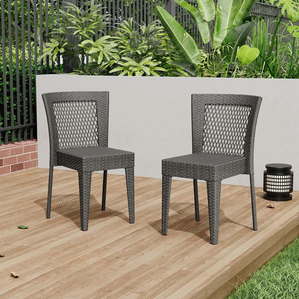 Stacking Chairs Set of 2, Outdoor Patio Furniture with Wicker & Iron Frame,