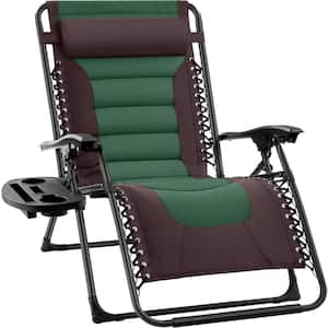 Oversized Padded Zero Gravity Brown/Green Metal Reclining Outdoor Lawn Chair with Side Tray