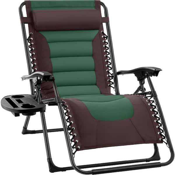 Best Choice Products Oversized Padded Zero Gravity Brown/Green Metal Reclining Outdoor Lawn Chair with Side Tray