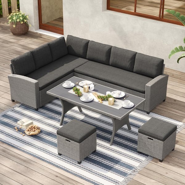 Rattaner 9-Piece Outdoor Sectional Wicker Furniture Set Patio Furniture  Conversation Couch Set Storage Glass Table with Thicken(5) Anti-Slip Grey